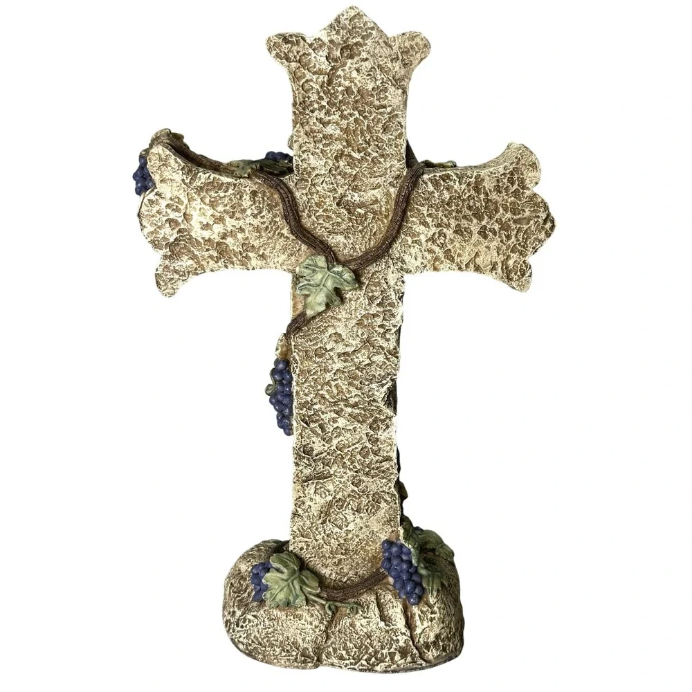 Decorative Grapevine Cross Resin Faux Stone Christian Large Tabletop 16